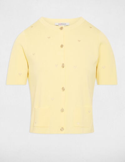 Gilet court col rond jaune pastel femme