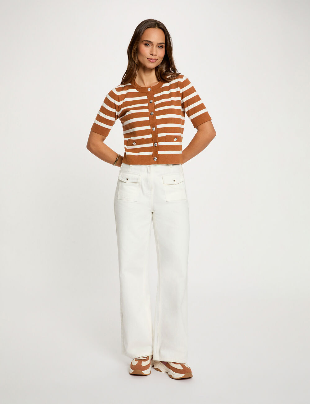 Gilet ray&eacute; manches courtes camel femme