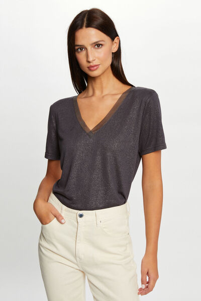 T-shirt met korte mouwen met lovertjes antracietgrijs vrouw