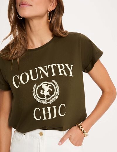 T-shirt col rond manches courtes vert kaki femme
