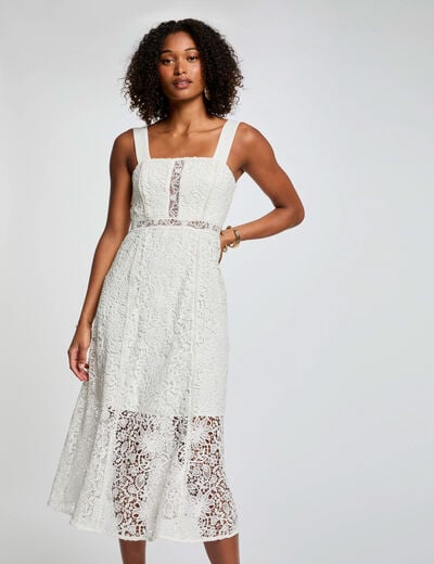 Robe midi trap&egrave;ze dentelle blanc femme