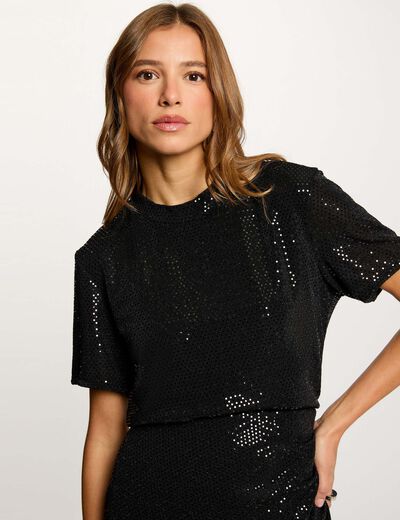 t shirt met pailletten en hoge kraag zwart vrouw T-shirt met pailletten en hoge kraag zwart vrouw