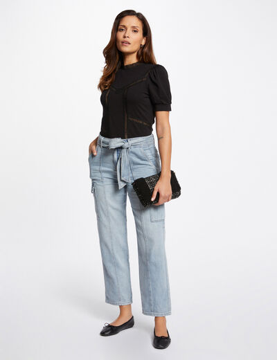 Jeans large cargo taille haute ceinturé jean bleached femme