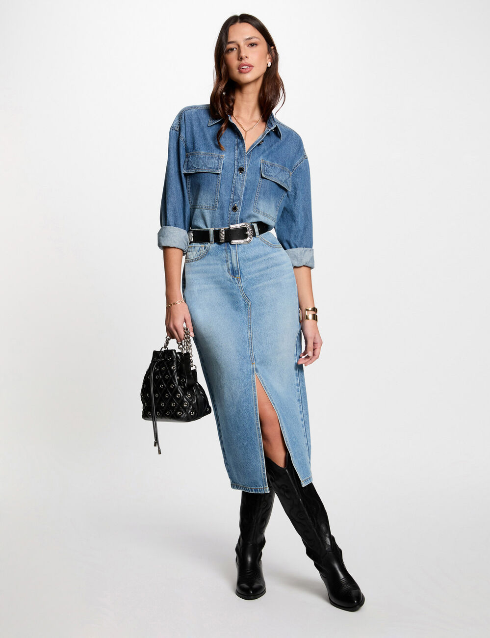 Rechte midi-jeansrok stone washed denim vrouw