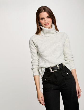 Pull col roul&eacute; &agrave; boutons gris clair femme