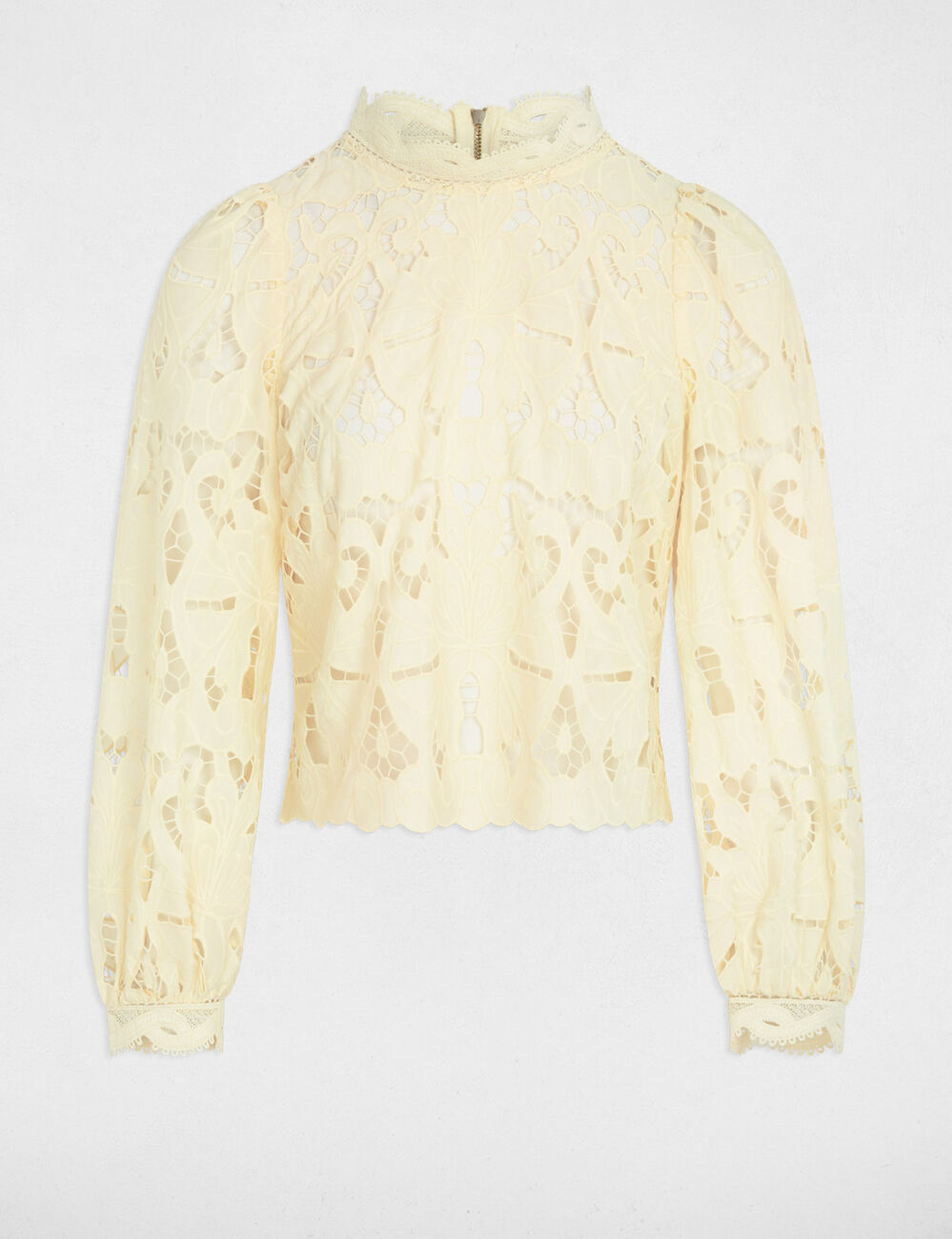 Blouse broderie col montant jaune pastel femme