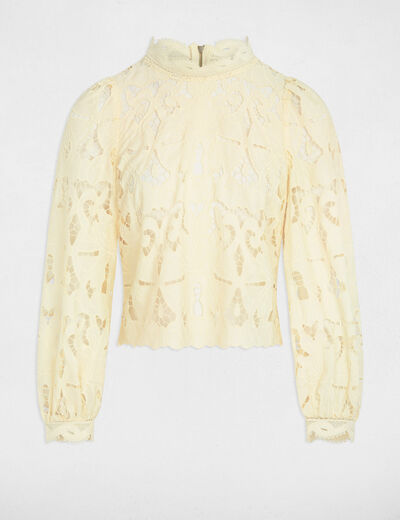 Blouse met borduursel en hoge kraag pastel geel vrouw
