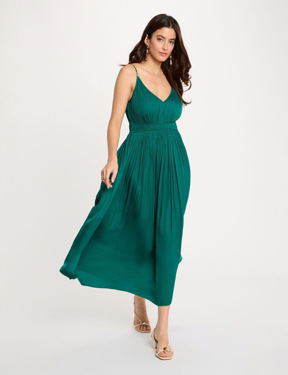 Robe midi droite pliss&eacute;e vert femme