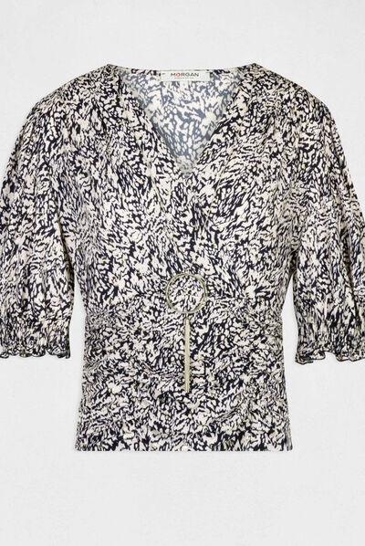 T-shirt manches 3/4 col bijou imprimé multico femme