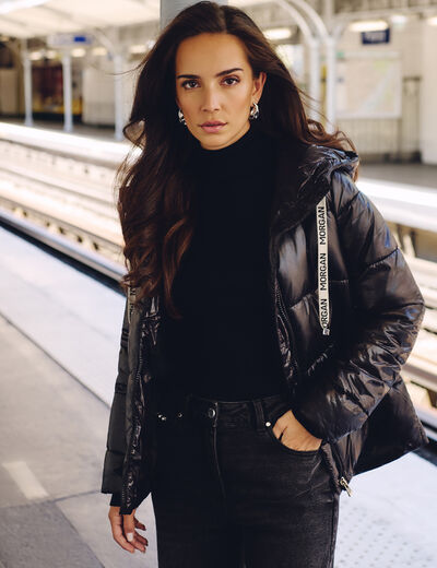 Doudoune courte brillante noir femme