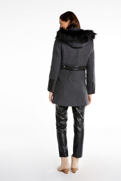 Manteau droit zippé à capuche gris anthracite femme
