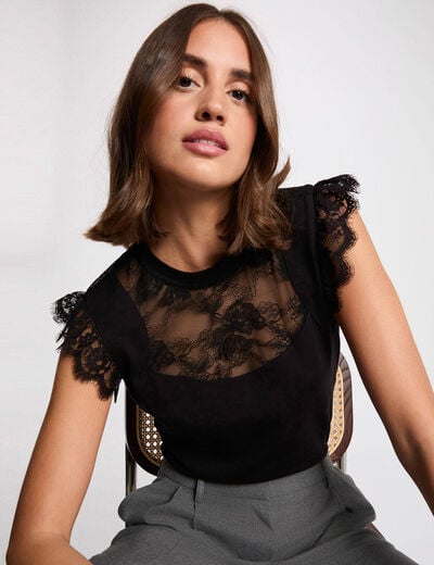 T-shirt dentelle col montant noir femme