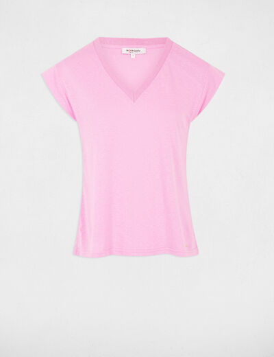 T-shirt met V-hals en korte mouwen roze vrouw