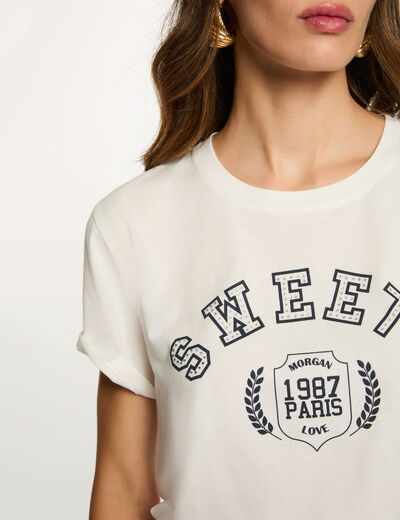Kort bedrukt T-shirt helder wit vrouw