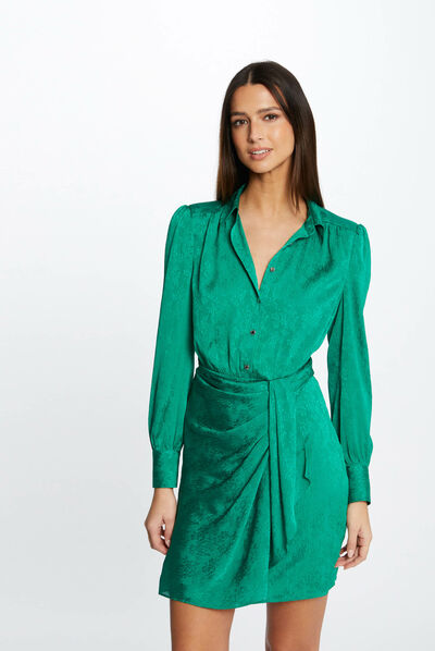 Robe droite drapée satinée imprimée vert femme