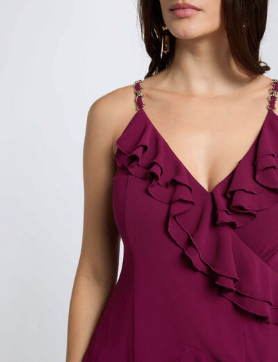 Robe courte col v prune femme