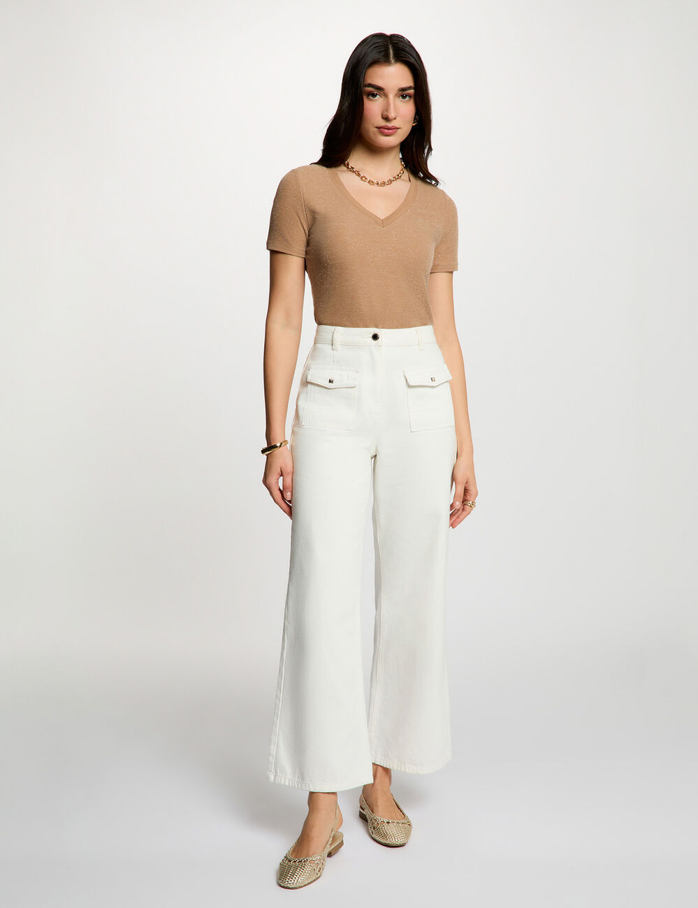 Getailleerd V-hals T-shirt beige vrouw