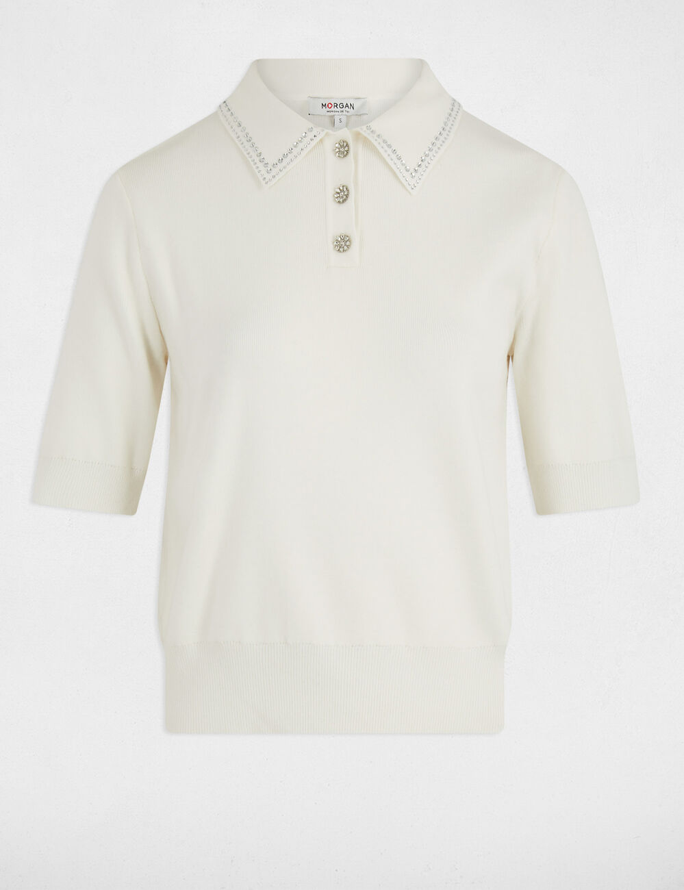 Pull ajusté col polo ecru femme