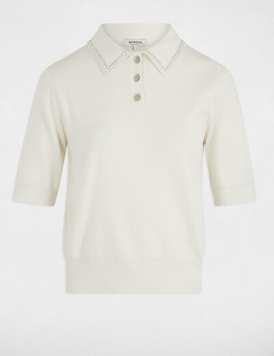 Pull ajusté col polo ecru femme