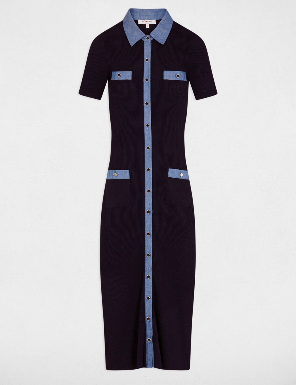 Getailleerde gebreide midi-jurk marineblauw vrouw