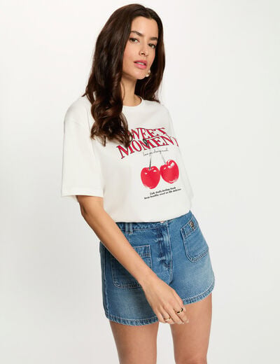T-shirt met ronde hals en print helder wit vrouw
