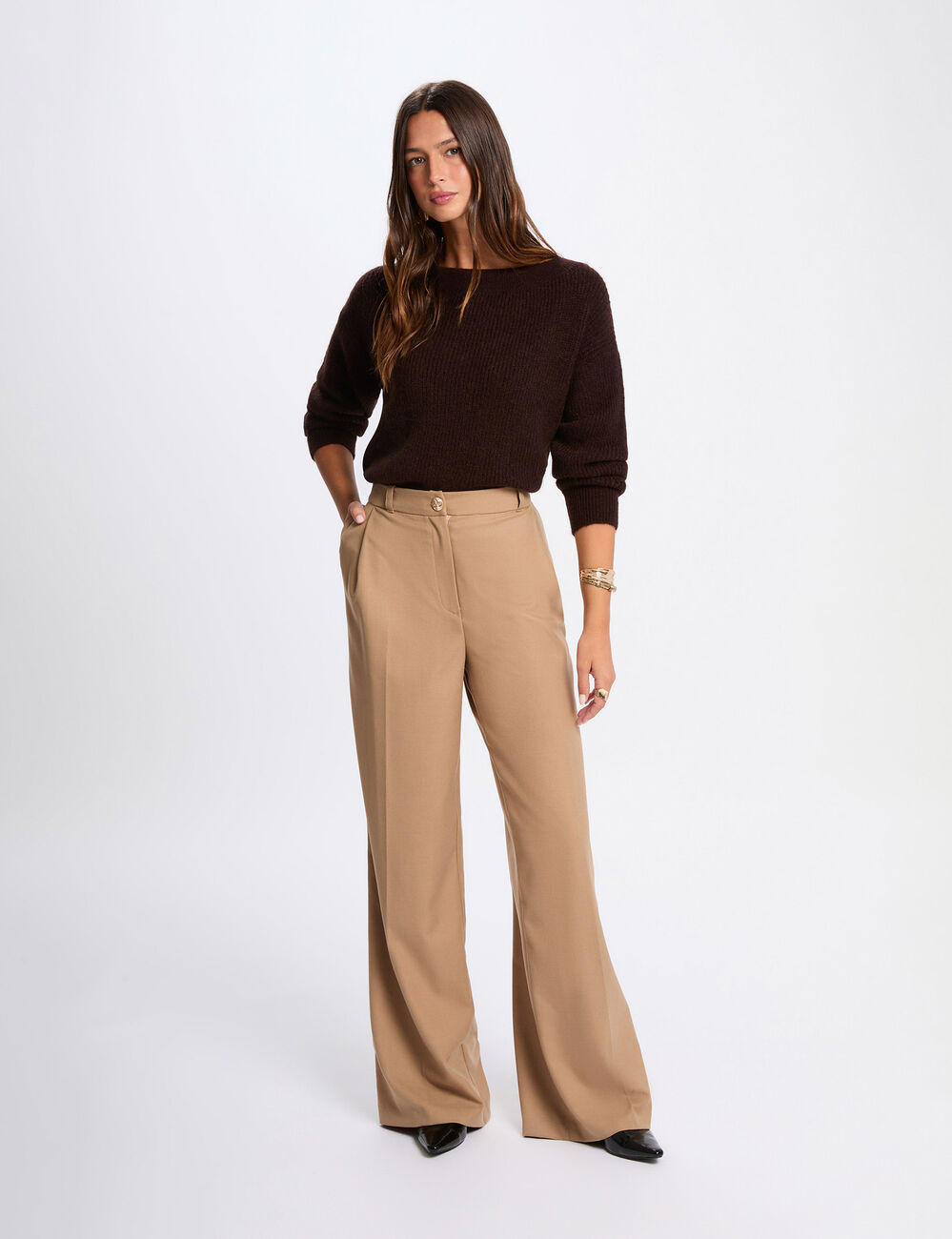 Pull col rond marron foncé femme