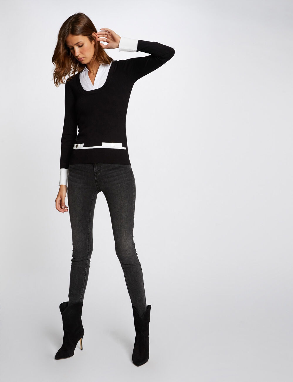 Pull manches longues avec col superpos&eacute; noir femme