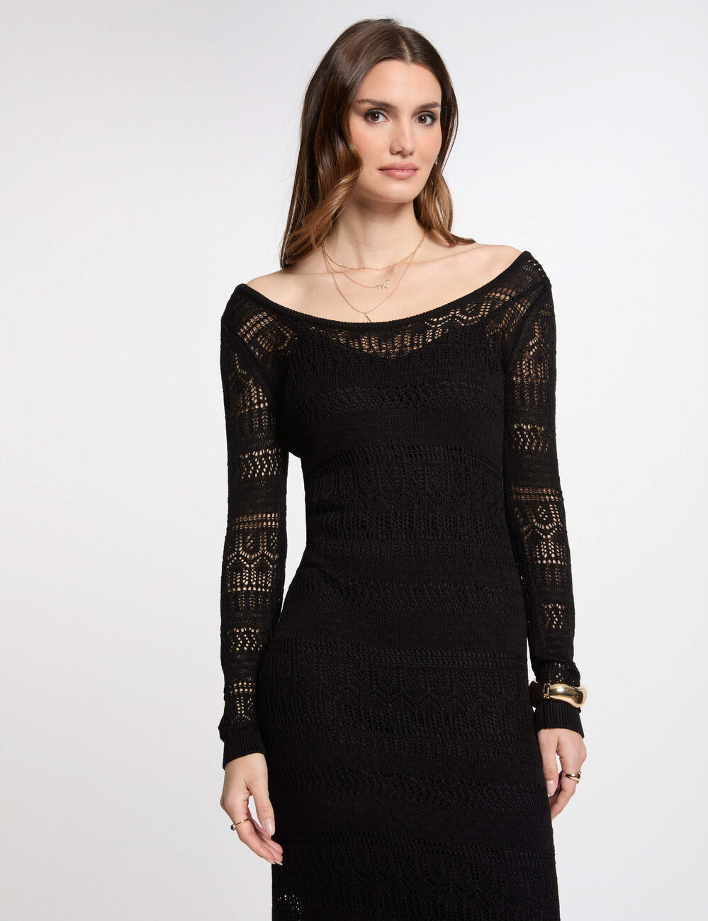 Lange, aansluitende tricot jurk zwart vrouw
