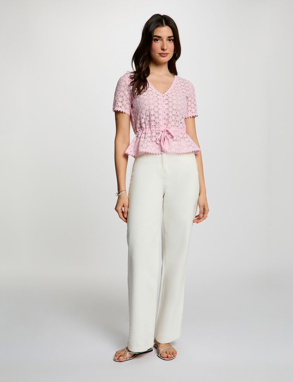 T-shirt korte mouwen van kant roze vrouw