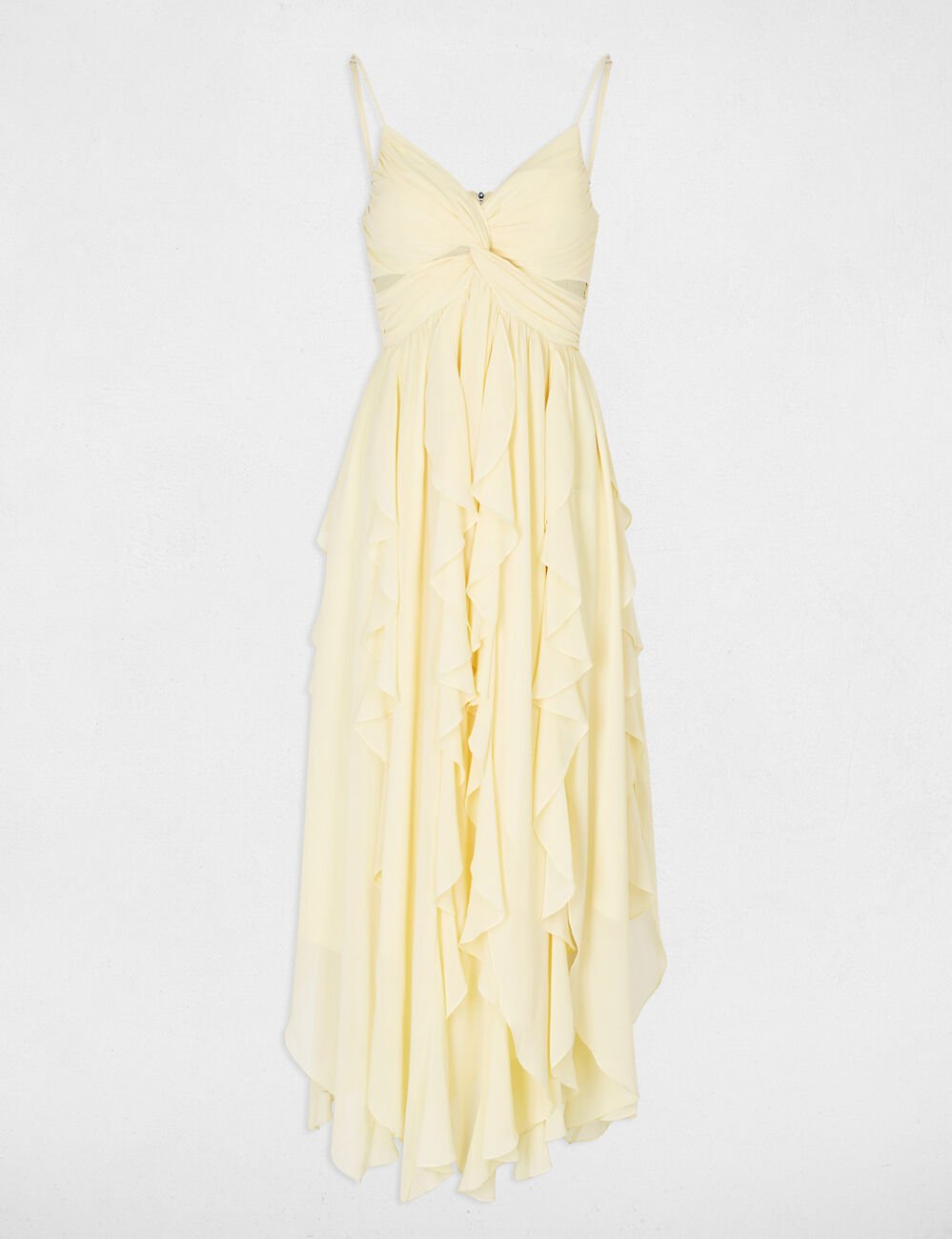 Lange jurk met V-hals pastel geel vrouw