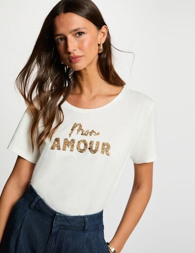 t shirt brode sequins blanc femme T-shirt brodé sequins blanc femme