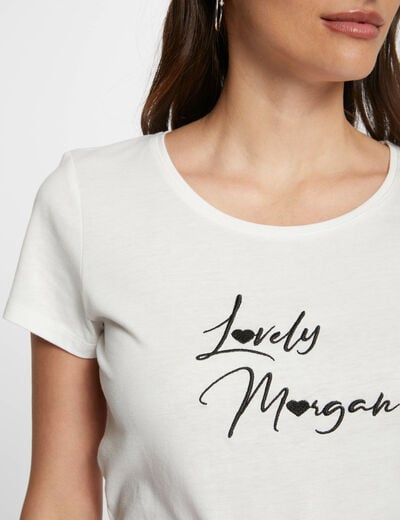 T-shirt geborduurd opschrift ecru vrouw