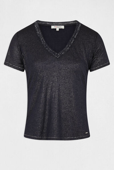 T-shirt manches courtes col en V marine femme