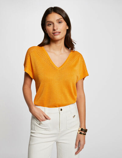 Pull col en V manches courtes orange femme