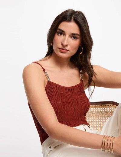 Gebreide top met fijne bandjes cognacbruin vrouw