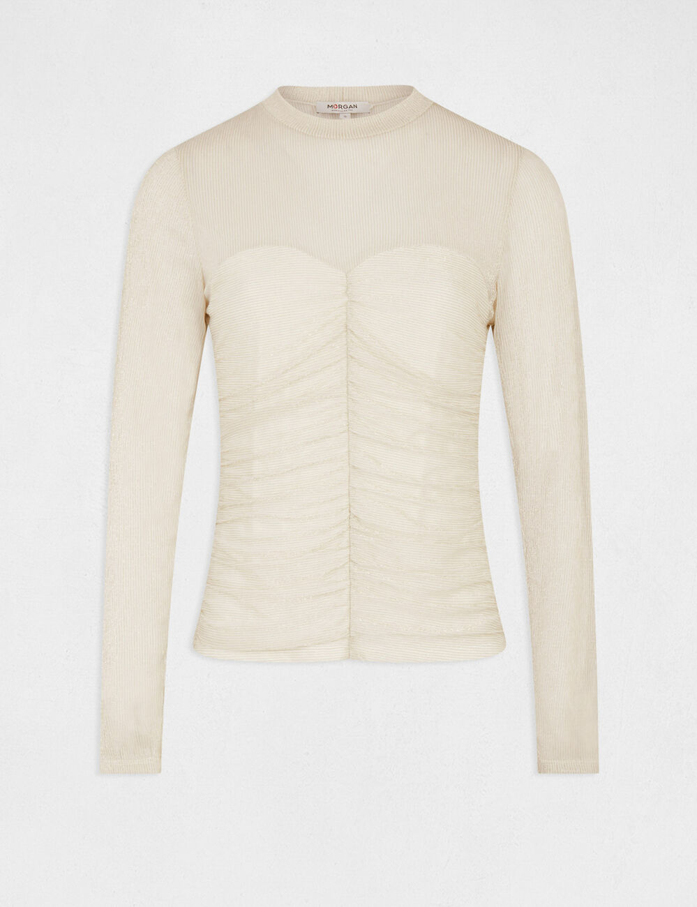 Geplooid T-shirt met lange mouwen ivoor vrouw