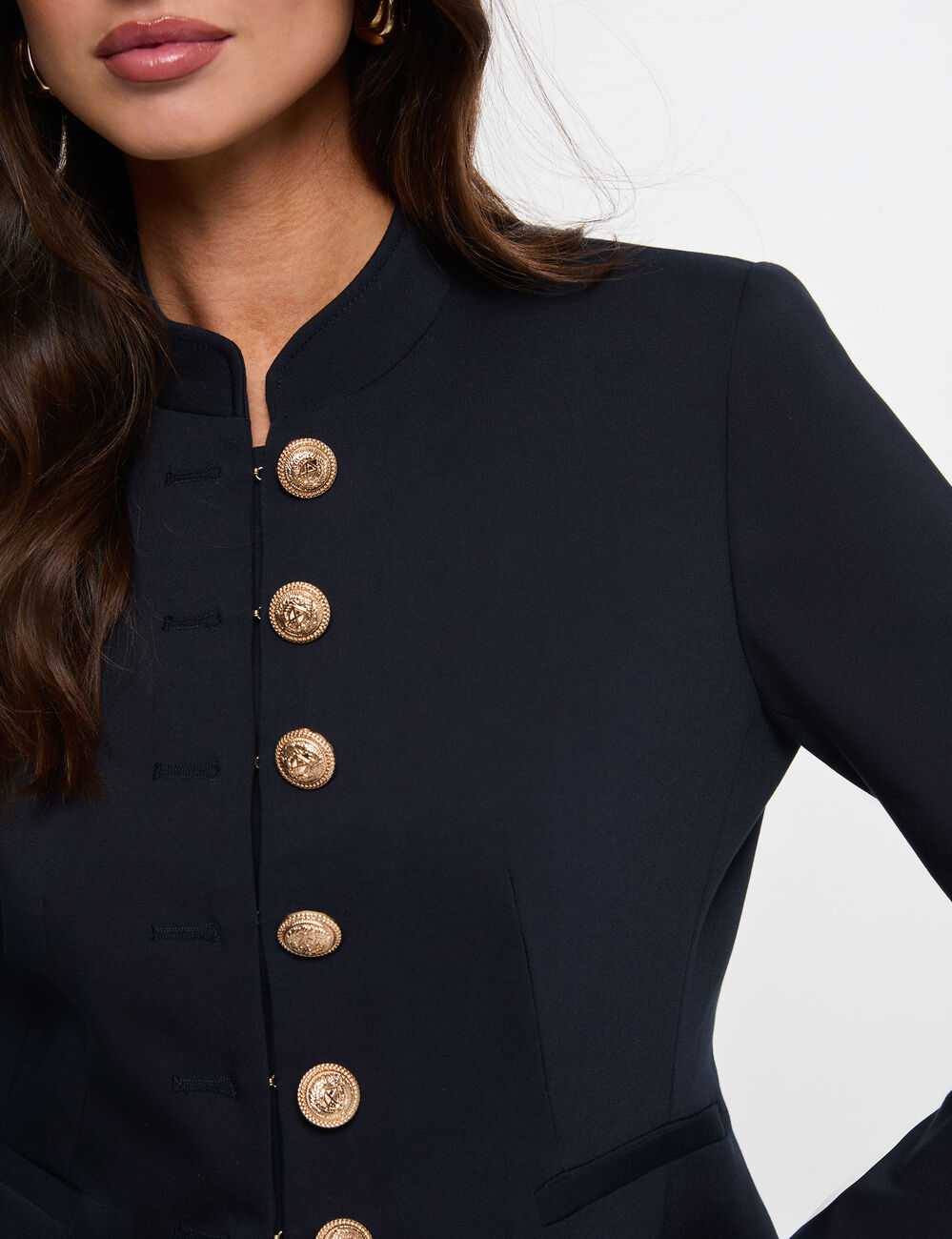 Veste courte col mao bleu marine femme