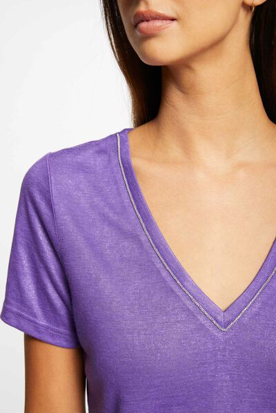 T-shirt met V-hals en korte mouwen paars vrouw