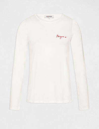 T-shirt met geborduurde details ecru vrouw