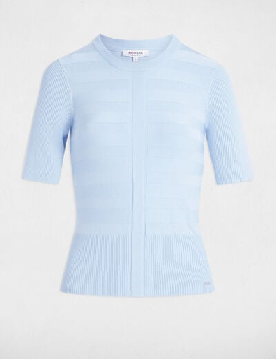 Pull col rond manches courtes bleu ciel femme
