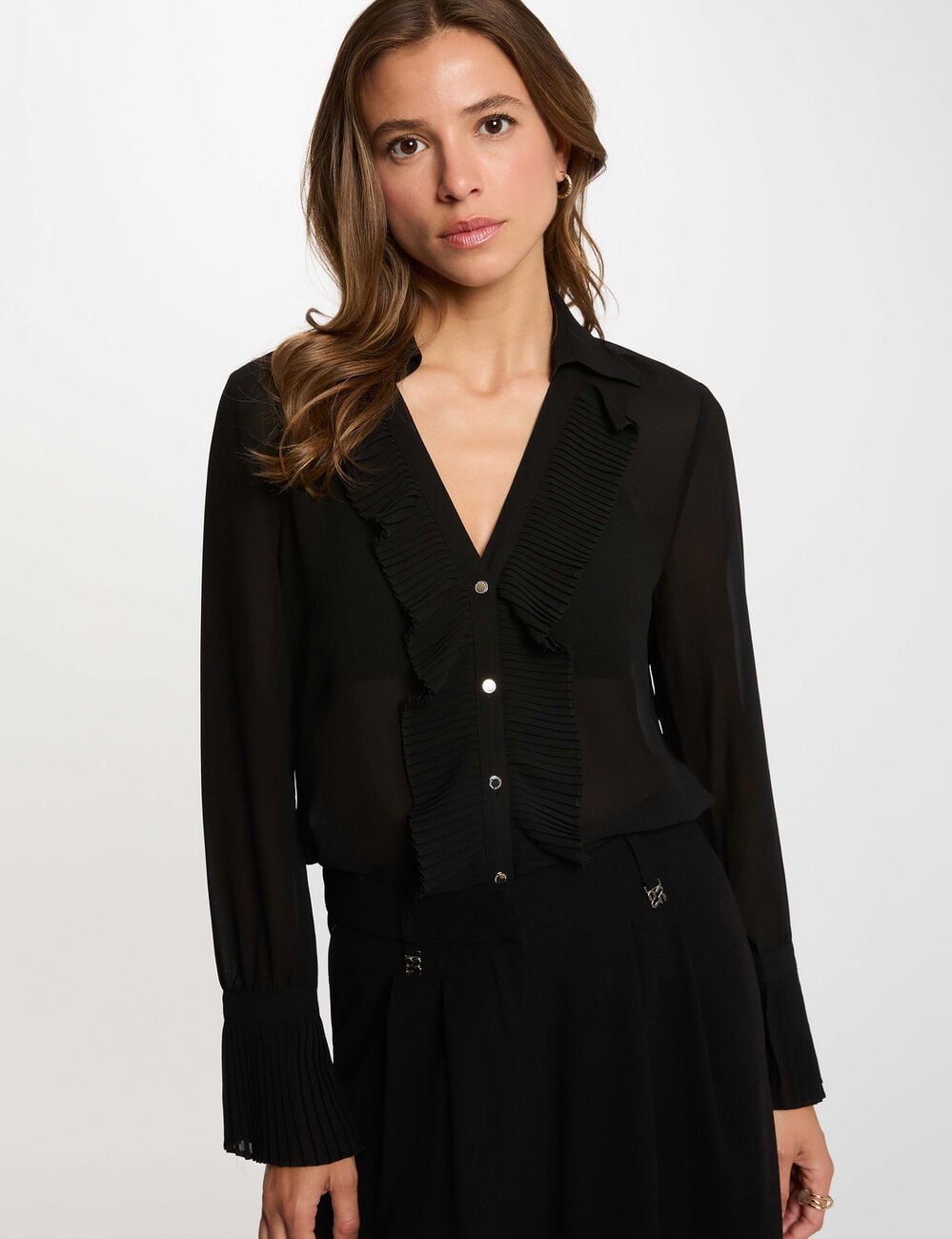 Voile blouse met reverskraag zwart vrouw