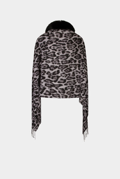 Poncho avec franges et imprimé léopard gris moyen femme