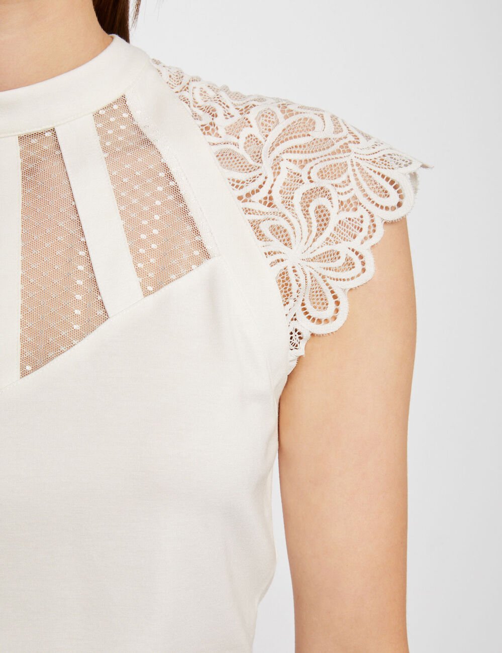 T-shirt manches courtes à dentelle ivoire femme