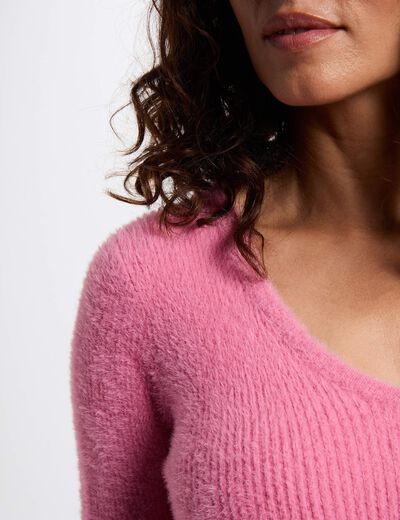Pull manches longues maille duveteuse rose femme