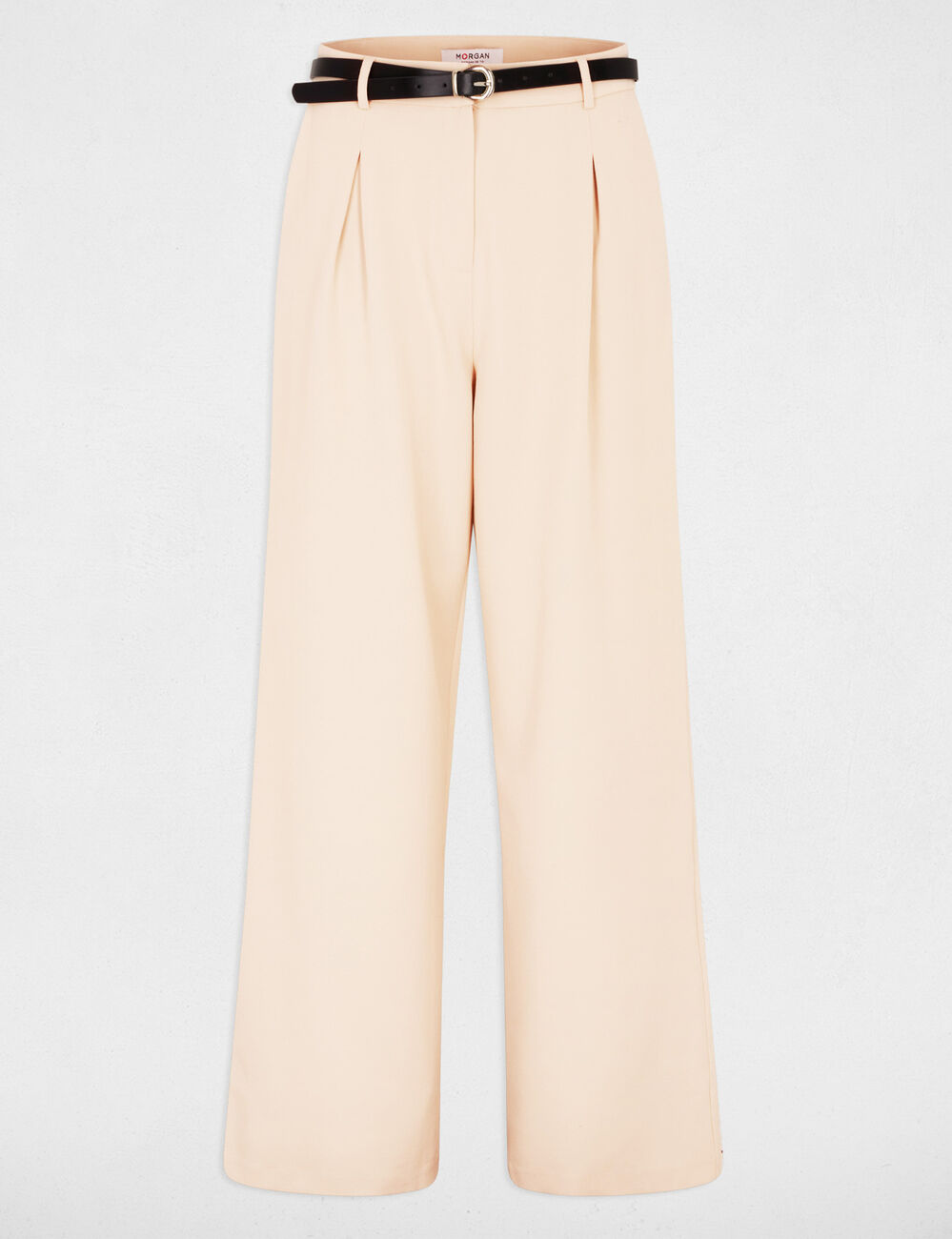 Pantalon large taille haute beige femme