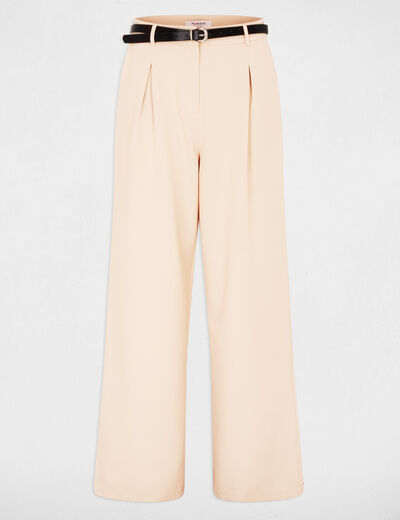 Pantalon large taille haute beige femme