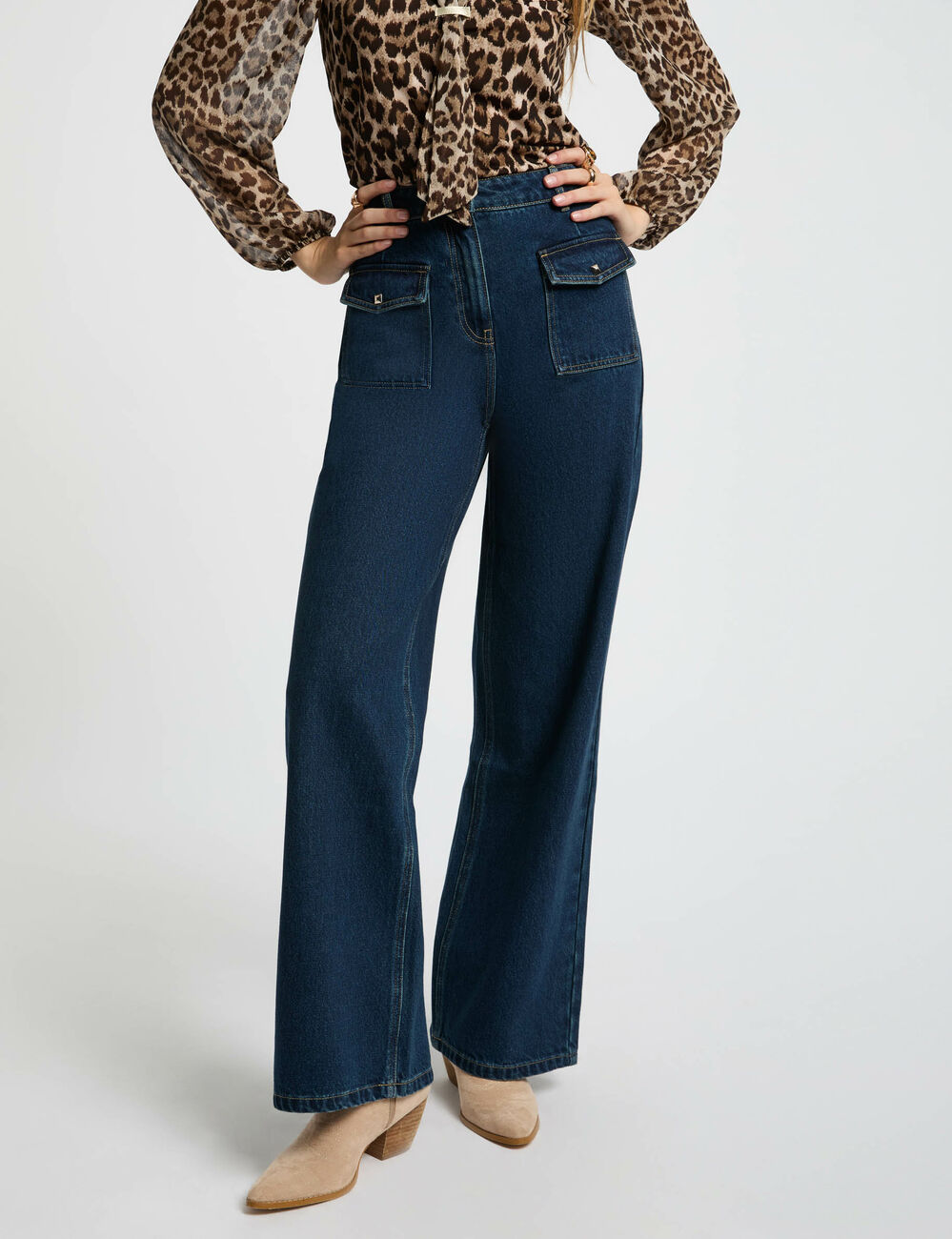 Wijde jeans met hoge taille ruw denim vrouw