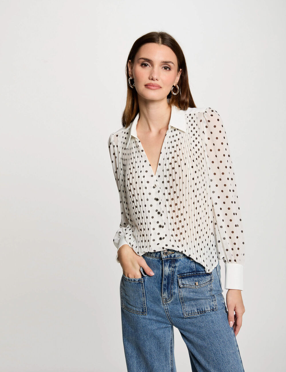 Lange mouwen blouse met stippen helder wit vrouw