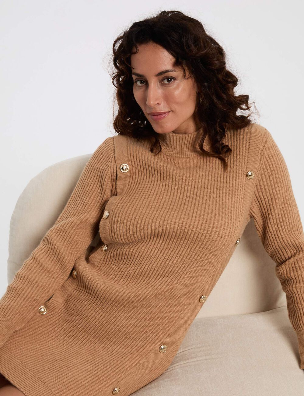 Robe courte tricot beige femme