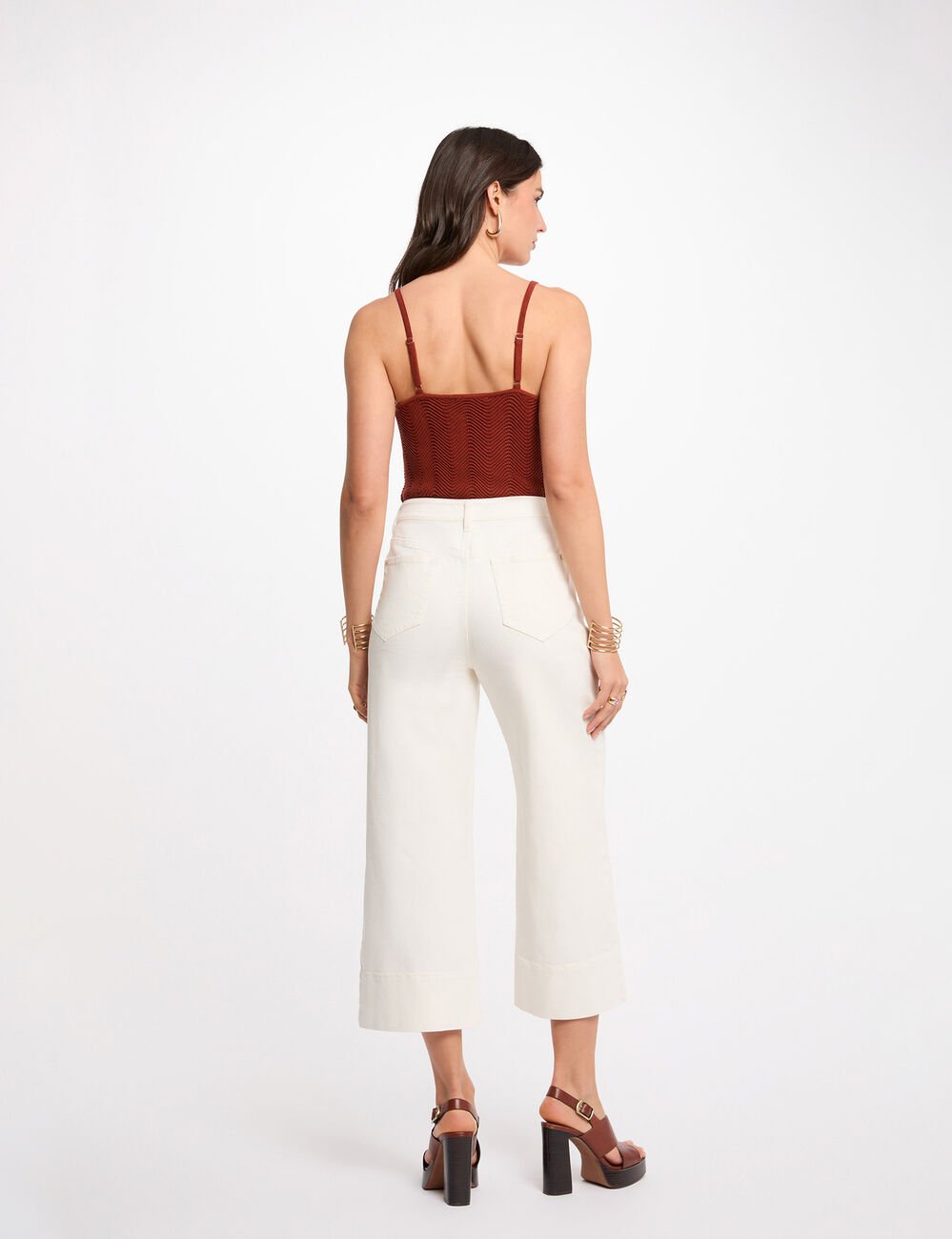 Gebreide top met fijne bandjes cognacbruin vrouw